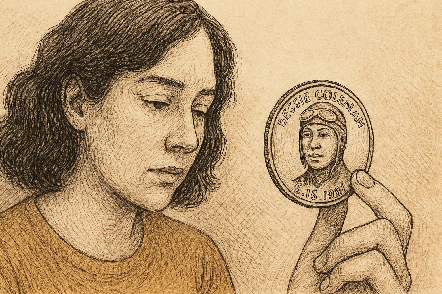 A woman holds a Bessie Coleman quarter in her hand