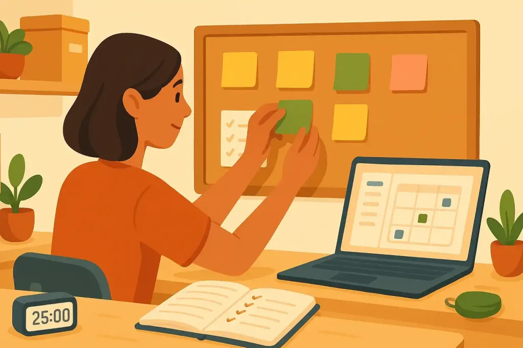 A woman with ADHD organizes a workspace with physical and digital planners.
