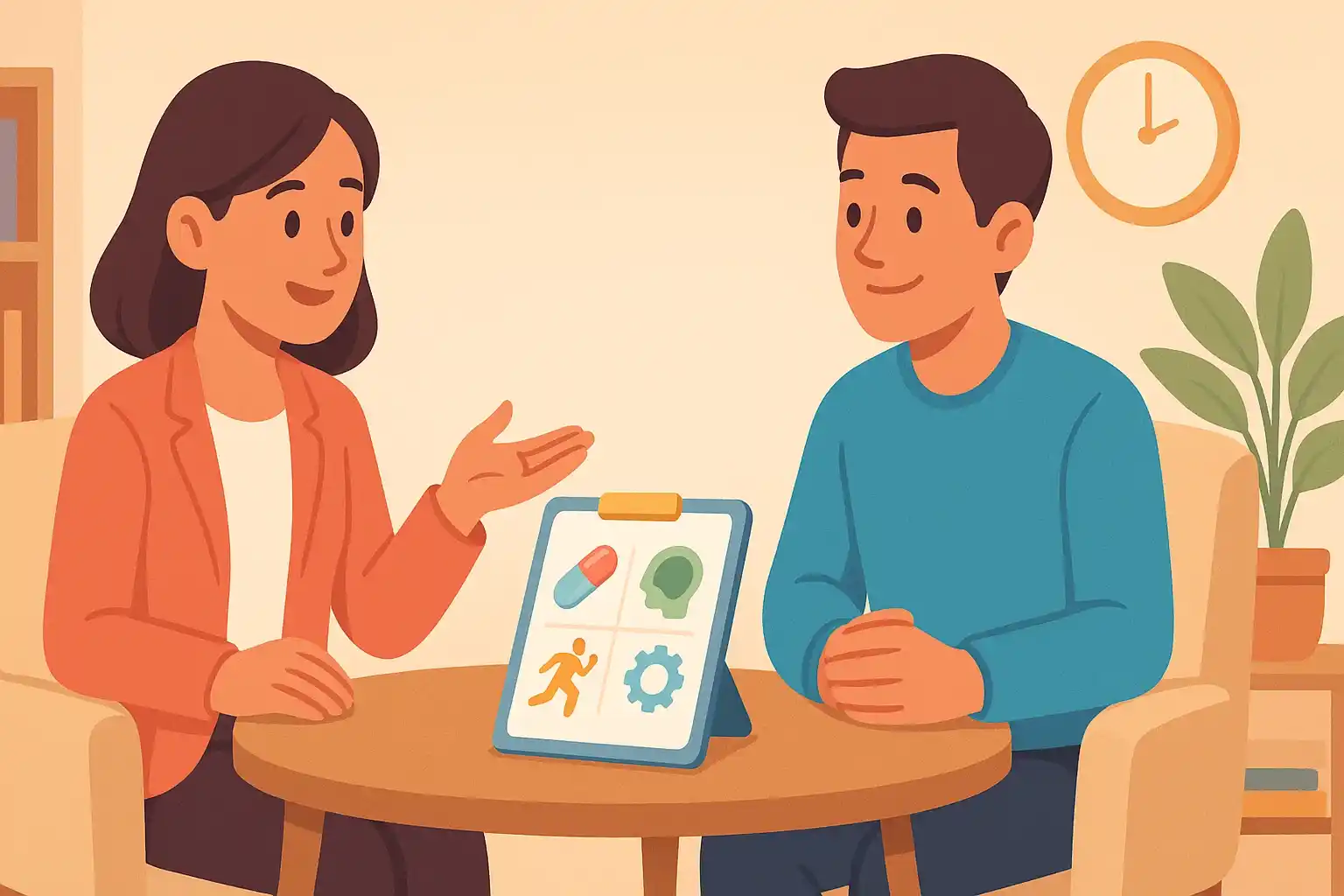 A person with ADHD discusses a treatment strategy with a therapist.