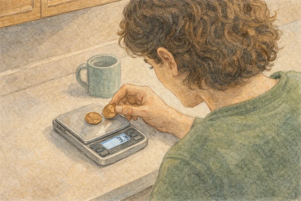 A person checks the weight of the coin on a digital scale.