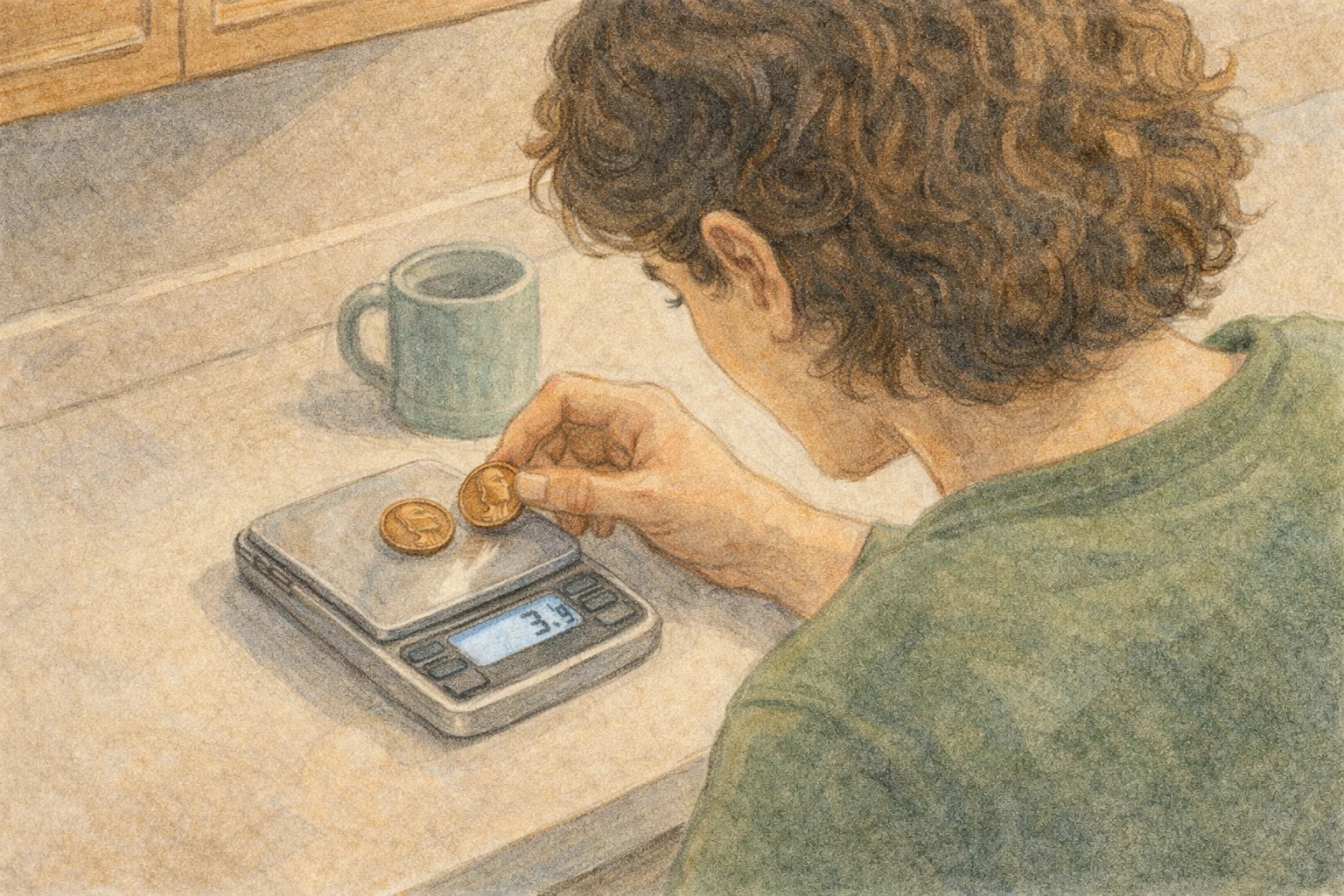 A person checks the weight of the coin on a digital scale.