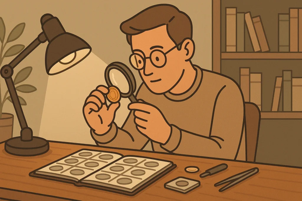 A curious collector inspects a coin from an album under the bright light, a set of instruments lies nearby.