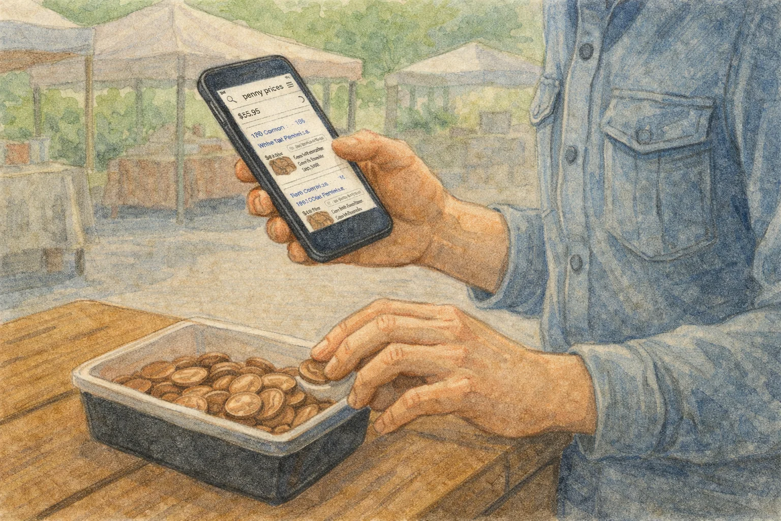 A collector checks coins pricing before buying.