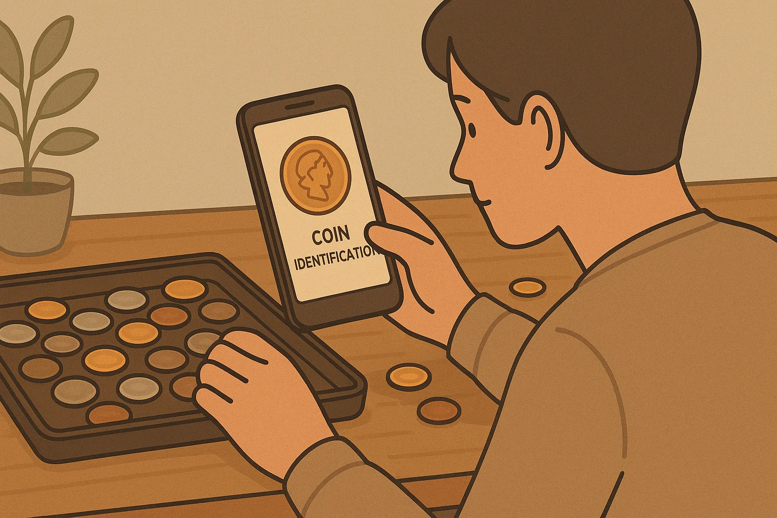 A collector checks his coins via the coin identifier app opened on his smartphone.