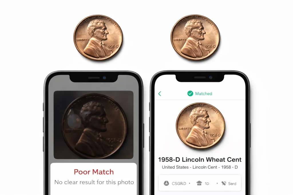 Two smartphones showing poor vs clear coin photo results with different recognition outcomes.