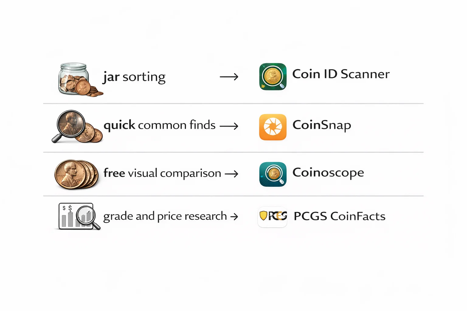 Infographic mapping coin tasks to apps: jar sorting, quick finds, visual comparison, and price research.